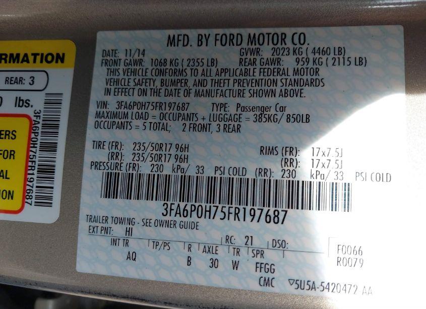 Photo 9 of 2015 Ford Fusion SE (VIN 3FA6P0H75FR197687)