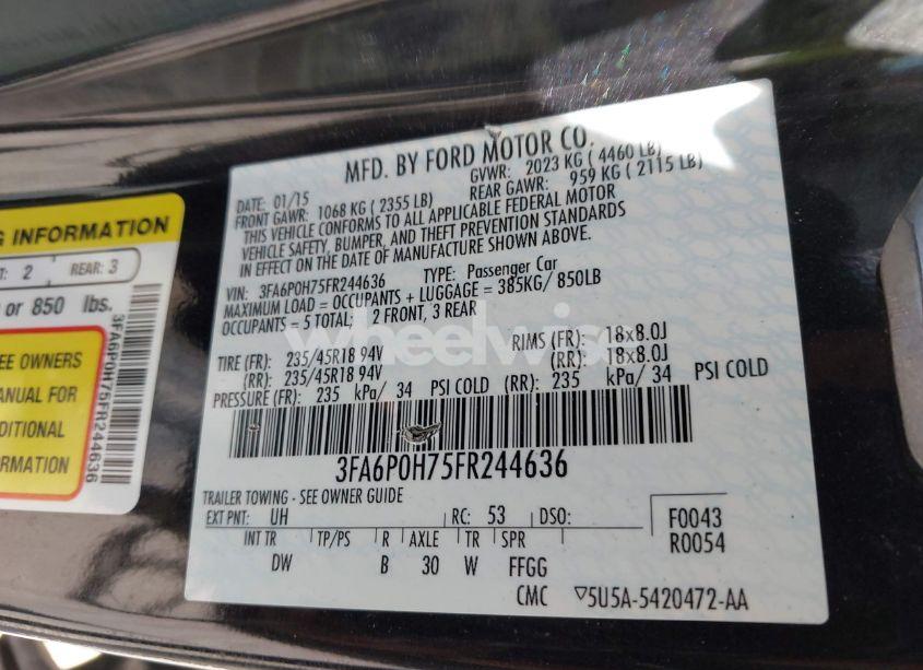 Photo 9 of 2015 Ford Fusion SE (VIN 3FA6P0H75FR244636)