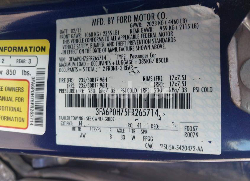 Photo 9 of 2015 Ford Fusion SE (VIN 3FA6P0H75FR265714)