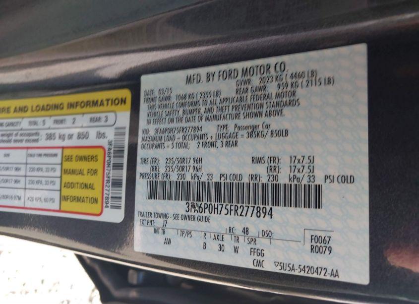 Photo 9 of 2015 Ford Fusion SE (VIN 3FA6P0H75FR277894)