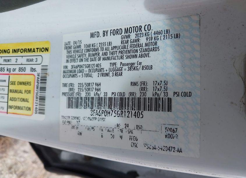 Photo 9 of 2016 Ford Fusion SE (VIN 3FA6P0H75GR121405)