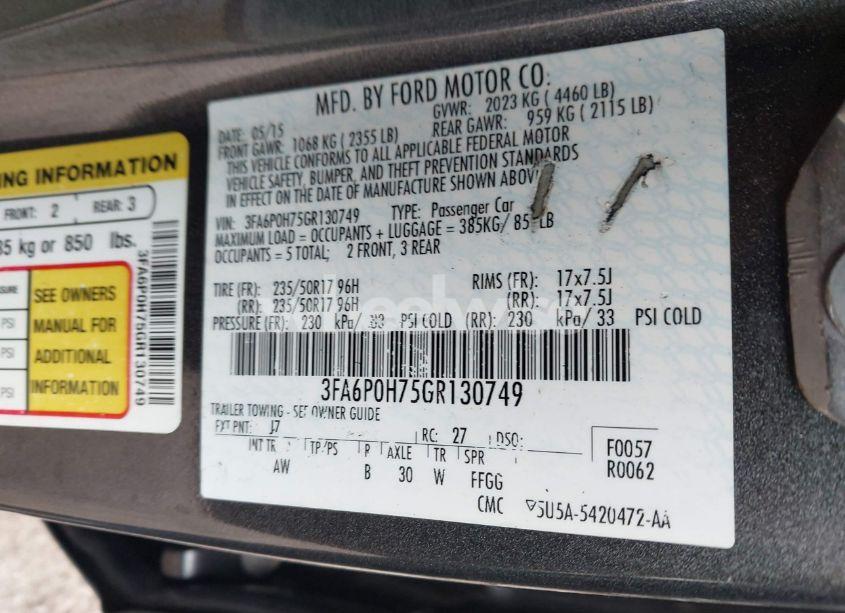 Photo 9 of 2016 Ford Fusion SE (VIN 3FA6P0H75GR130749)