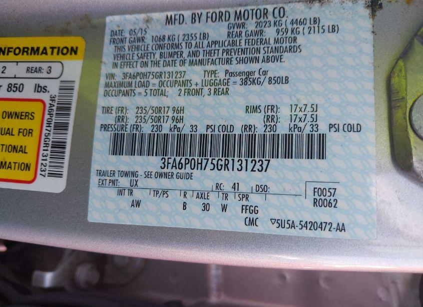 Photo 9 of 2016 Ford Fusion SE (VIN 3FA6P0H75GR131237)