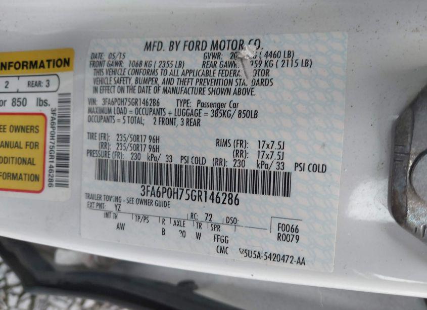 Photo 9 of 2016 Ford Fusion SE (VIN 3FA6P0H75GR146286)