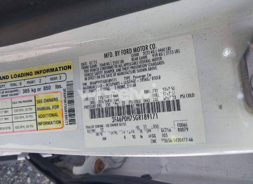 Photo 9 of 2016 Ford Fusion SE (VIN 3FA6P0H75GR189171)