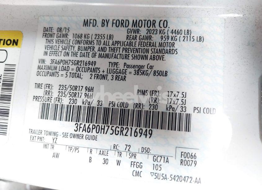 Photo 9 of 2016 Ford Fusion SE (VIN 3FA6P0H75GR216949)