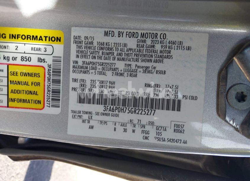 Photo 9 of 2016 Ford Fusion SE (VIN 3FA6P0H75GR225277)