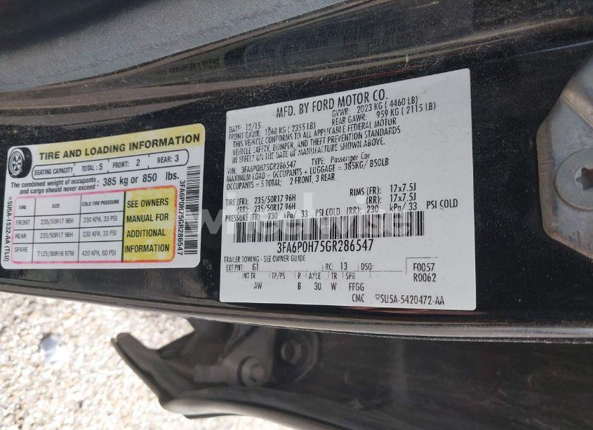 Photo 9 of 2016 Ford Fusion SE (VIN 3FA6P0H75GR286547)