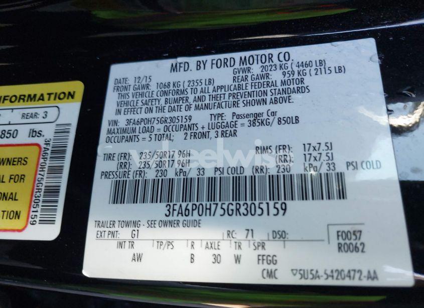 Photo 9 of 2016 Ford Fusion SE (VIN 3FA6P0H75GR305159)