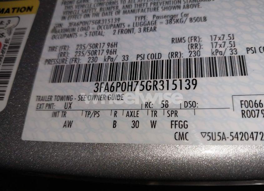 Photo 9 of 2016 Ford Fusion SE (VIN 3FA6P0H75GR315139)