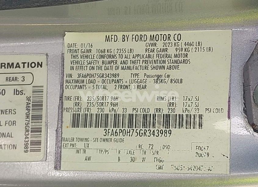 Photo 9 of 2016 Ford Fusion SE (VIN 3FA6P0H75GR343989)