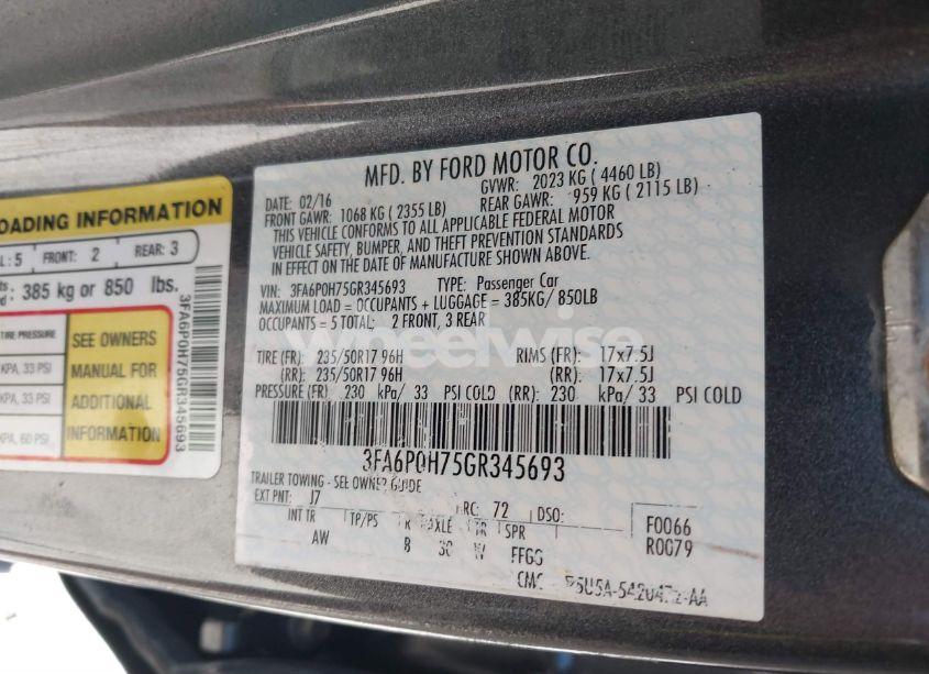 Photo 9 of 2016 Ford Fusion SE (VIN 3FA6P0H75GR345693)