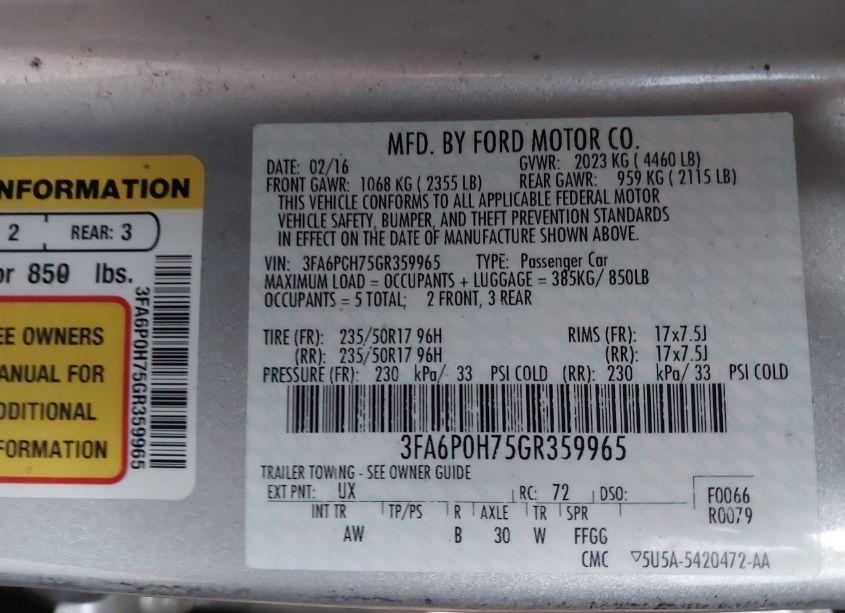 Photo 9 of 2016 Ford Fusion SE (VIN 3FA6P0H75GR359965)