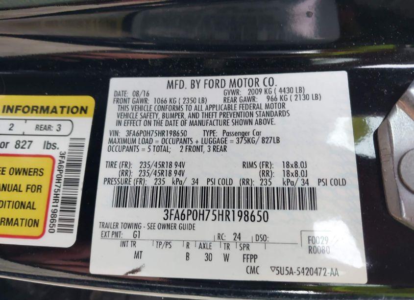 Photo 9 of 2017 Ford Fusion SE (VIN 3FA6P0H75HR198650)