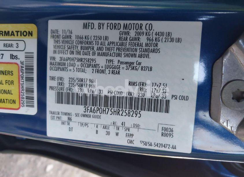 Photo 9 of 2017 Ford Fusion SE (VIN 3FA6P0H75HR258295)