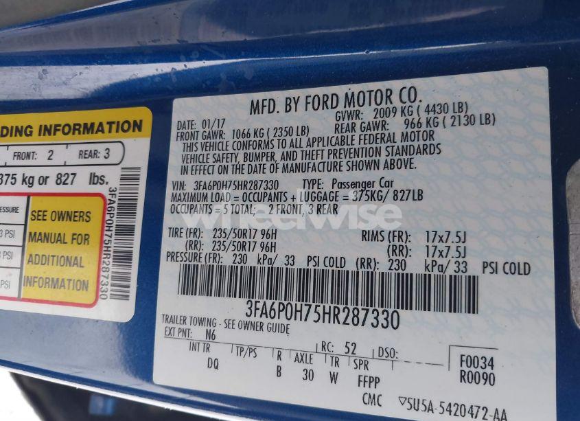 Photo 9 of 2017 Ford Fusion SE (VIN 3FA6P0H75HR287330)