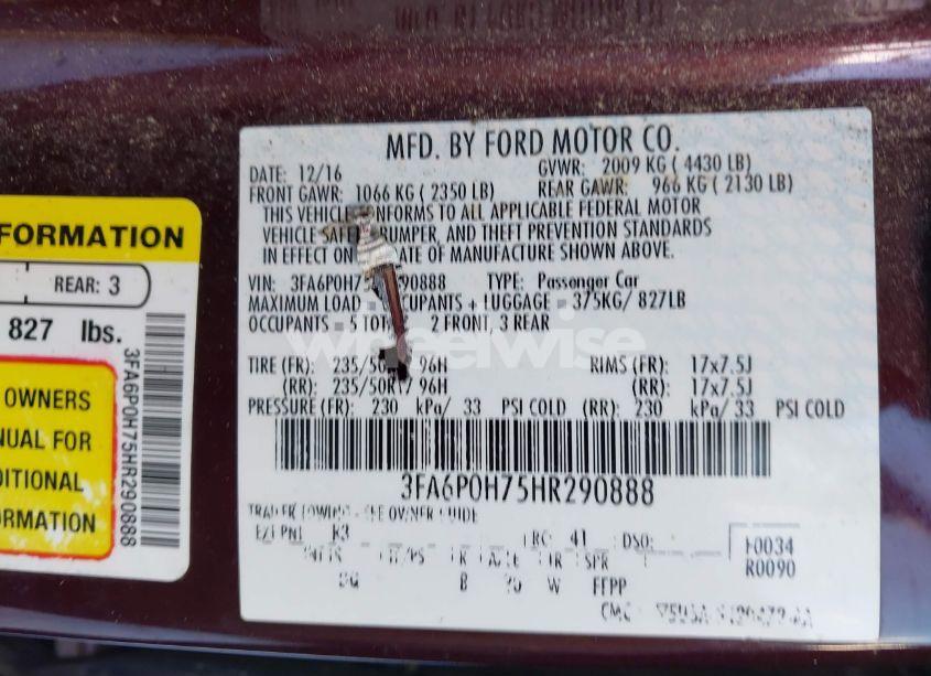 Photo 9 of 2017 Ford Fusion SE (VIN 3FA6P0H75HR290888)