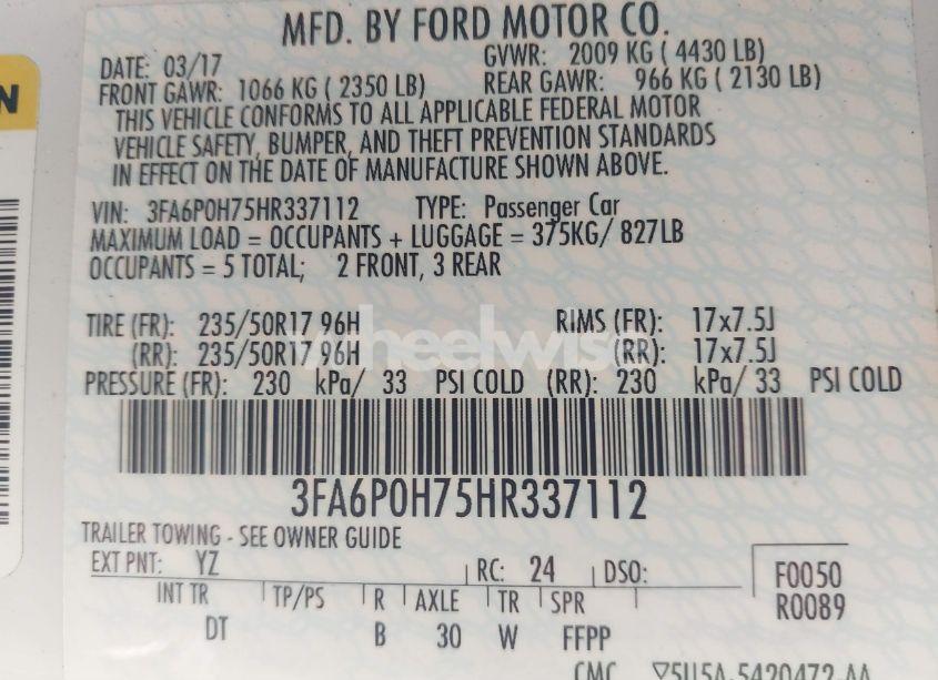 Photo 9 of 2017 Ford Fusion SE (VIN 3FA6P0H75HR337112)