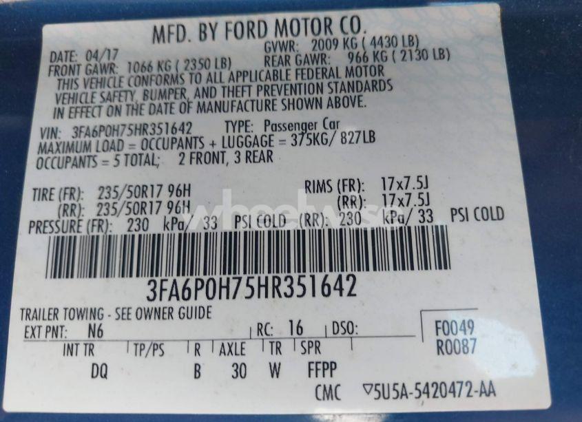 Photo 9 of 2017 Ford Fusion SE (VIN 3FA6P0H75HR351642)