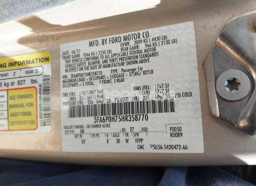 Photo 9 of 2017 Ford Fusion SE (VIN 3FA6P0H75HR358770)