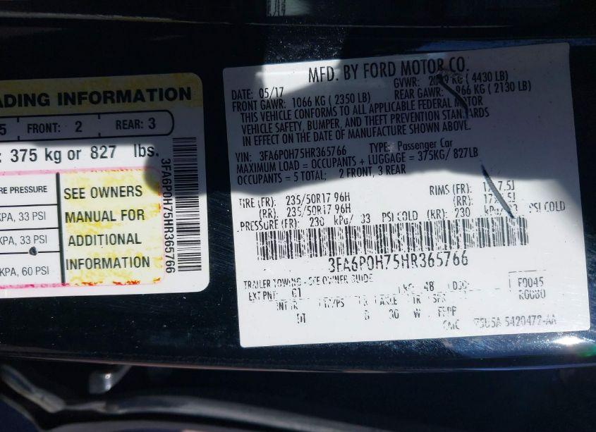 Photo 9 of 2017 Ford Fusion SE (VIN 3FA6P0H75HR365766)