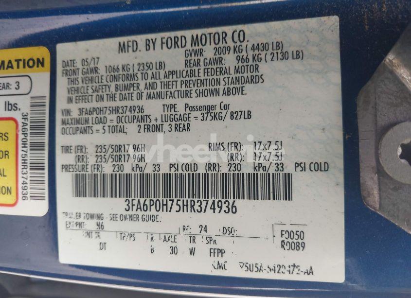 Photo 9 of 2017 Ford Fusion SE (VIN 3FA6P0H75HR374936)