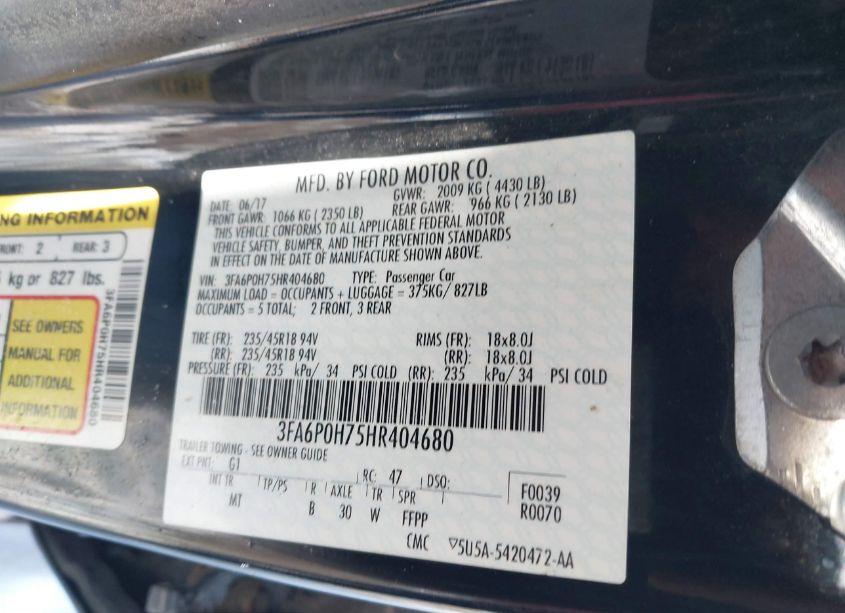 Photo 9 of 2017 Ford Fusion SE (VIN 3FA6P0H75HR404680)