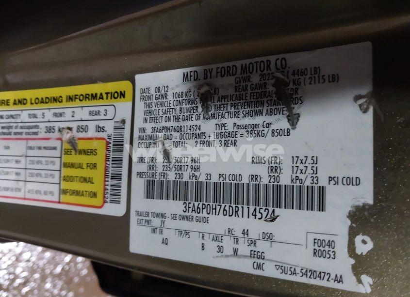 Photo 9 of 2013 Ford Fusion SE (VIN 3FA6P0H76DR114524)