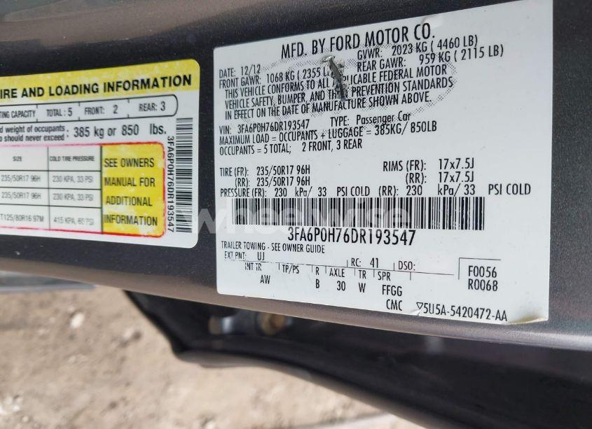 Photo 9 of 2013 Ford Fusion SE (VIN 3FA6P0H76DR193547)