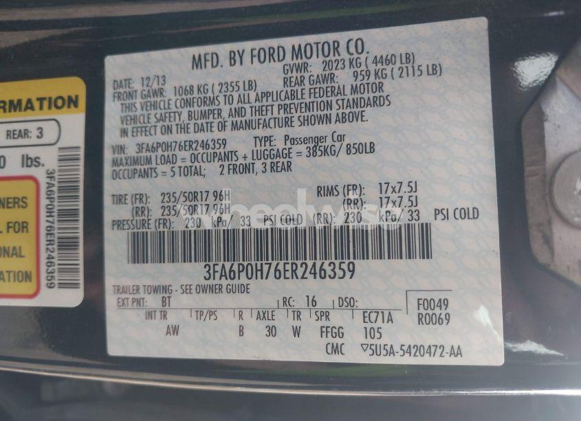 Photo 9 of 2014 Ford Fusion SE (VIN 3FA6P0H76ER246359)