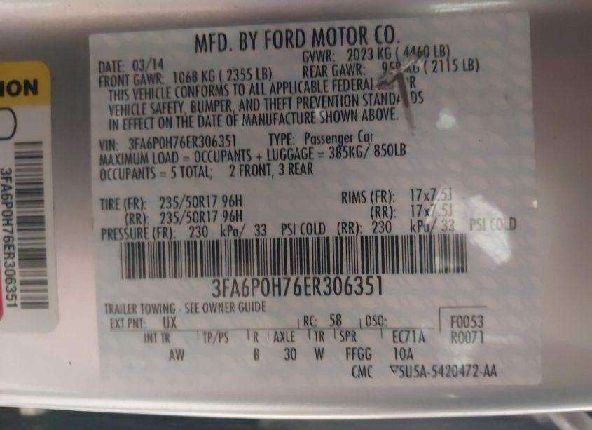 Photo 9 of 2014 Ford Fusion SE (VIN 3FA6P0H76ER306351)