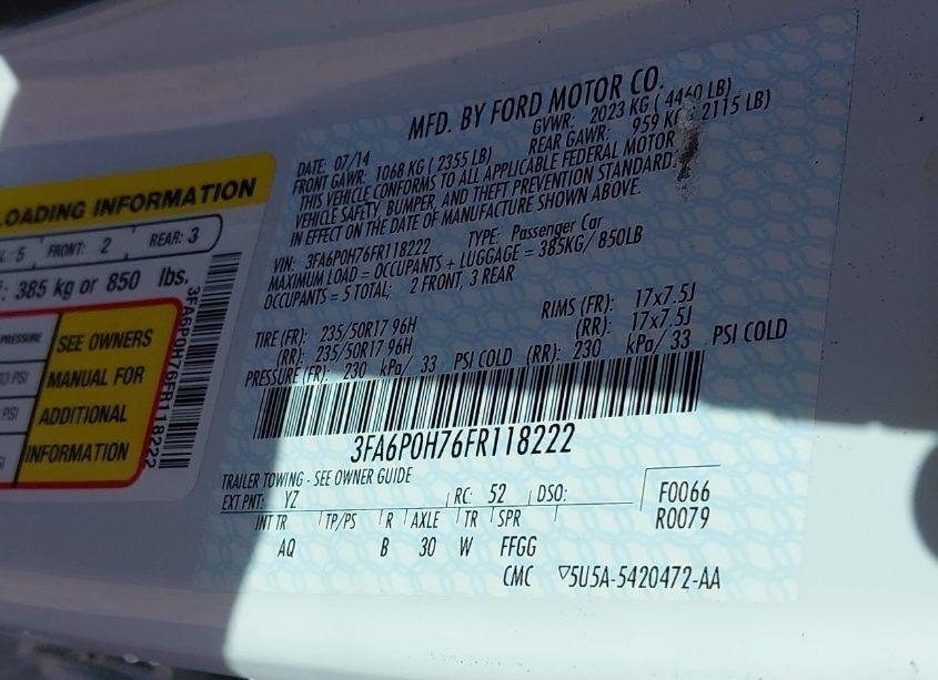 Photo 9 of 2015 Ford Fusion SE (VIN 3FA6P0H76FR118222)