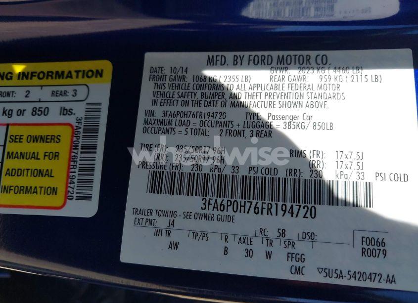 Photo 9 of 2015 Ford Fusion SE (VIN 3FA6P0H76FR194720)