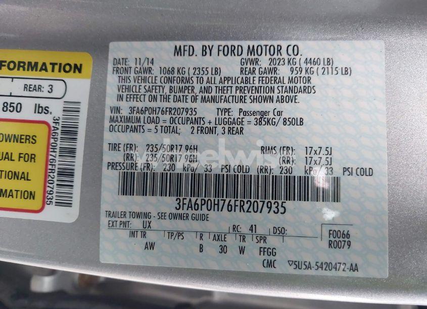 Photo 9 of 2015 Ford Fusion SE (VIN 3FA6P0H76FR207935)