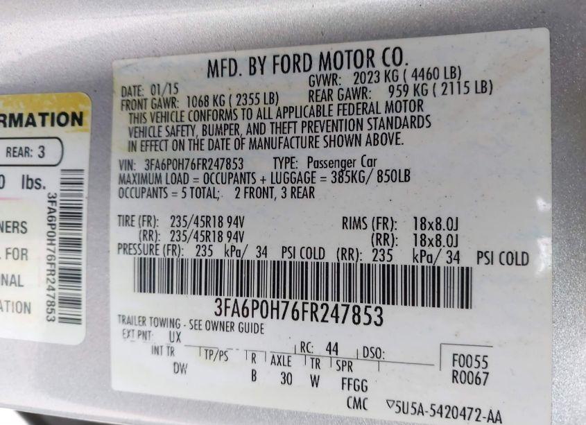 Photo 9 of 2015 Ford Fusion SE (VIN 3FA6P0H76FR247853)