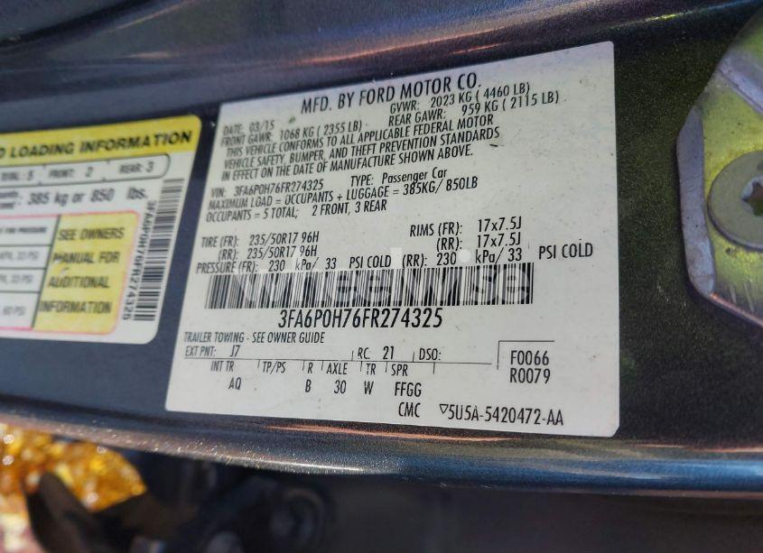 Photo 9 of 2015 Ford Fusion SE (VIN 3FA6P0H76FR274325)