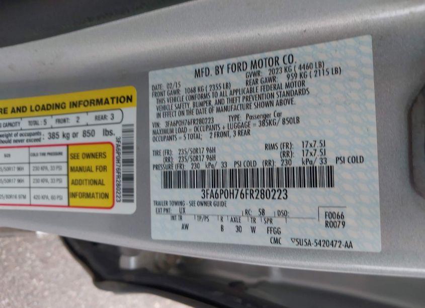 Photo 9 of 2015 Ford Fusion SE (VIN 3FA6P0H76FR280223)