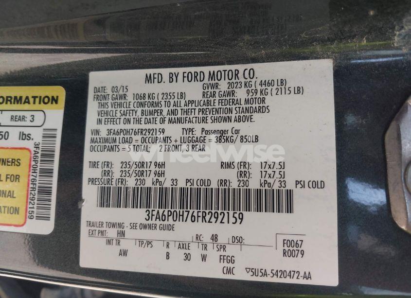 Photo 9 of 2015 Ford Fusion SE (VIN 3FA6P0H76FR292159)