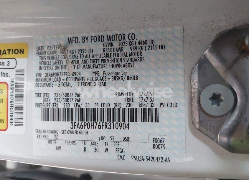 Photo 9 of 2015 Ford Fusion SE (VIN 3FA6P0H76FR310904)