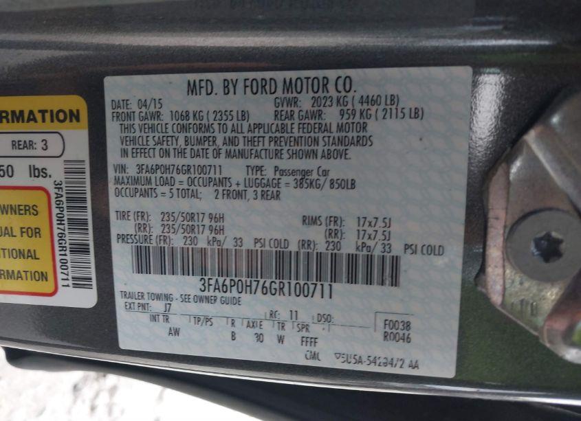 Photo 9 of 2016 Ford Fusion SE (VIN 3FA6P0H76GR100711)