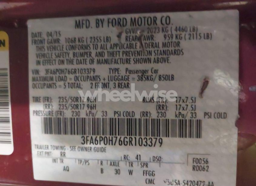 Photo 9 of 2016 Ford Fusion SE (VIN 3FA6P0H76GR103379)