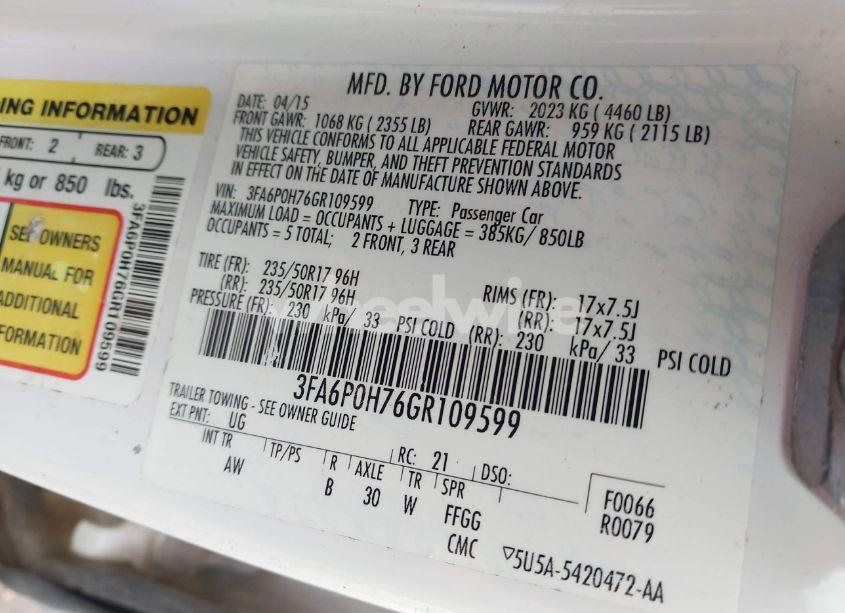 Photo 9 of 2016 Ford Fusion SE (VIN 3FA6P0H76GR109599)