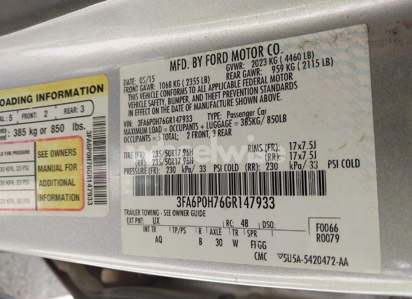 Photo 9 of 2016 Ford Fusion SE (VIN 3FA6P0H76GR147933)