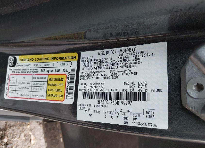 Photo 9 of 2016 Ford Fusion SE (VIN 3FA6P0H76GR199997)