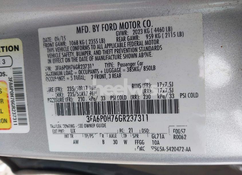 Photo 9 of 2016 Ford Fusion SE (VIN 3FA6P0H76GR237311)