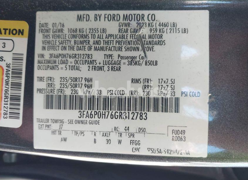 Photo 9 of 2016 Ford Fusion SE (VIN 3FA6P0H76GR312783)