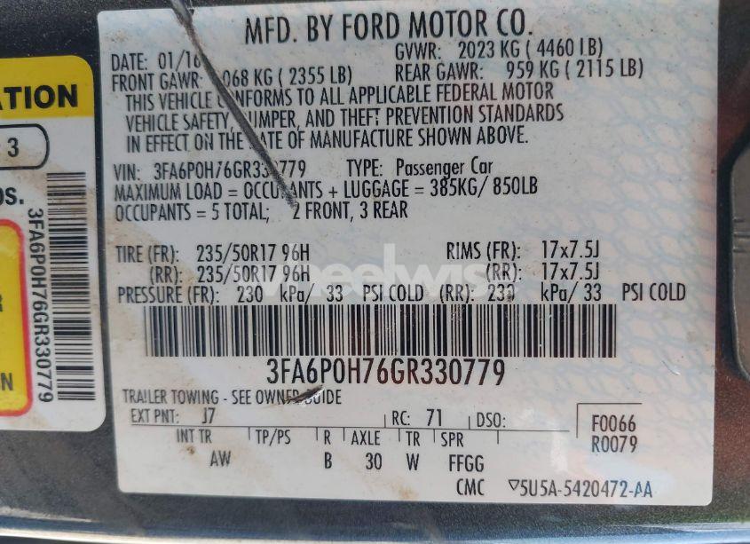 Photo 9 of 2016 Ford Fusion SE (VIN 3FA6P0H76GR330779)