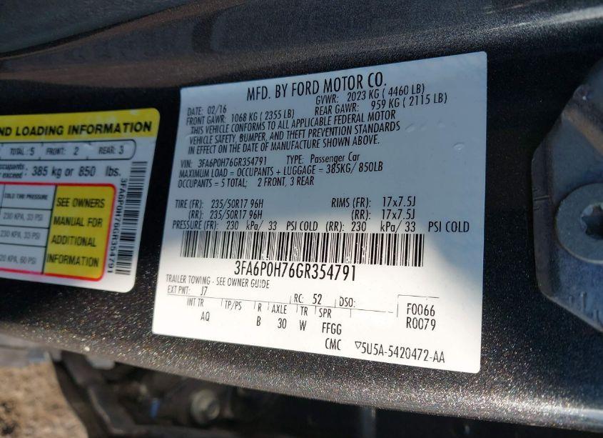 Photo 9 of 2016 Ford Fusion SE (VIN 3FA6P0H76GR354791)