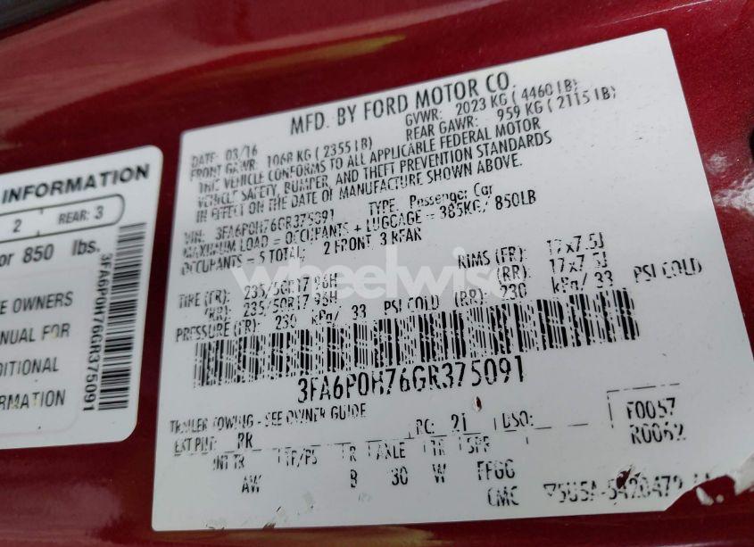 Photo 9 of 2016 Ford Fusion SE (VIN 3FA6P0H76GR375091)