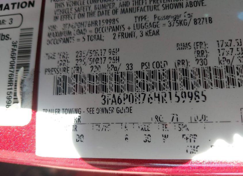 Photo 9 of 2017 Ford Fusion SE (VIN 3FA6P0H76HR159985)